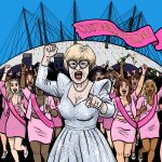 A rampaging hen party pouring out of the O2 with pink clothes, sashes, penis headbands and prosecco. Leading the charge is an angry-looking white woman with horn-rimmed glasses and a spangly outfit, pointing right at the viewer. A banner reads "Custard Phone!!"
