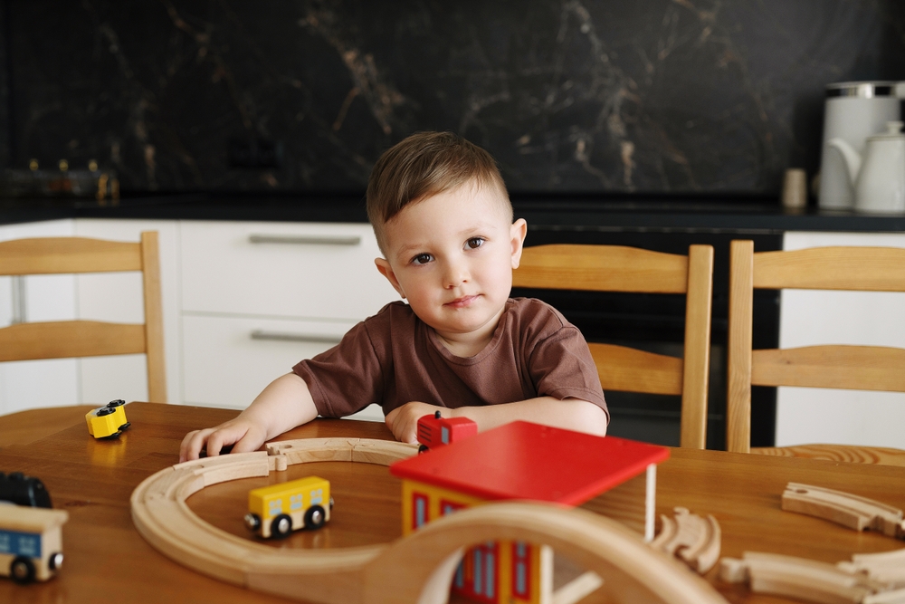 White autistic boy trying to play with his trains keeps being photographed for stock image library