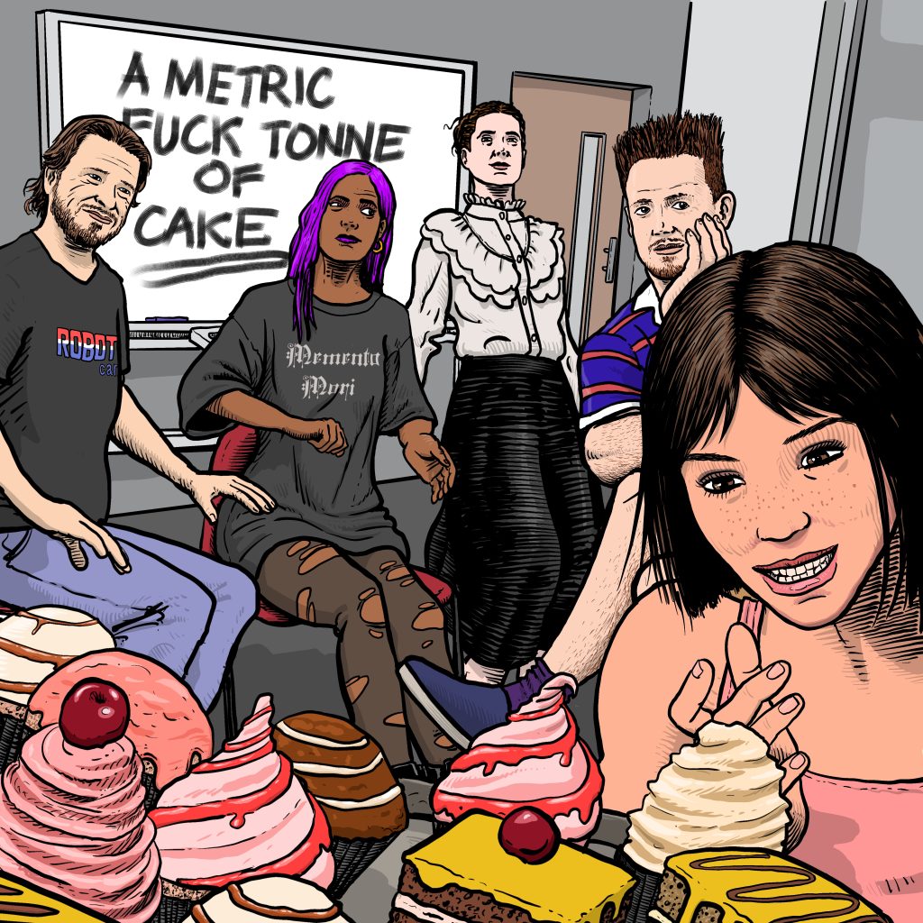 Five people in a meeting. Text on the whiteboard reads "A metric fucktonne of cake". Left to right there's an attractive white guy with a shirt reading 'ROBOT car', a purple-haired brown woman in stylish ripped clothing, a white woman dressed like a Victorian ghost, a white man with sticky-up red hair looking confused, and in the foreground a young woman gazing at an array of delicious cakes.