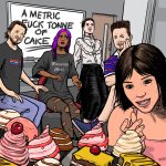 Five people in a meeting. Text on the whiteboard reads "A metric fucktonne of cake". Left to right there's an attractive white guy with a shirt reading 'ROBOT car', a purple-haired brown woman in stylish ripped clothing, a white woman dressed like a Victorian ghost, a white man with sticky-up red hair looking confused, and in the foreground a young woman gazing at an array of delicious cakes.