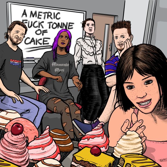 Five people in a meeting. Text on the whiteboard reads "A metric fucktonne of cake". Left to right there's an attractive white guy with a shirt reading 'ROBOT car', a purple-haired brown woman in stylish ripped clothing, a white woman dressed like a Victorian ghost, a white man with sticky-up red hair looking confused, and in the foreground a young woman gazing at an array of delicious cakes.