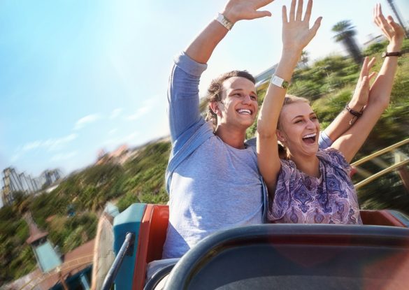 A couple on a rollercoaster, smiling with their arms up